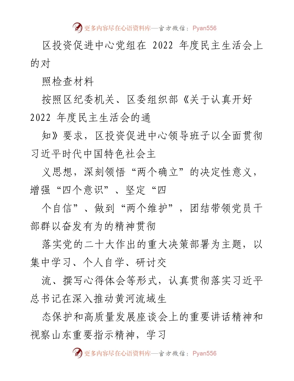 [发言] 年度民主生活会 - 区投资促进中心领导班子2022年度对照检查材料总结.docx_第1页