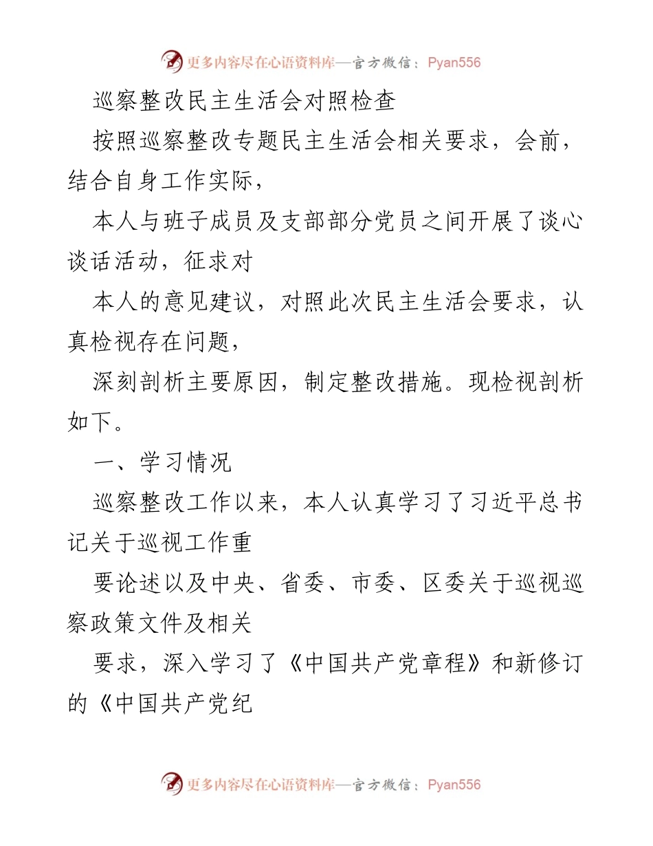 [发言] 巡察整改专题民主生活会 - 巡察整改自查与问题剖析.docx_第1页