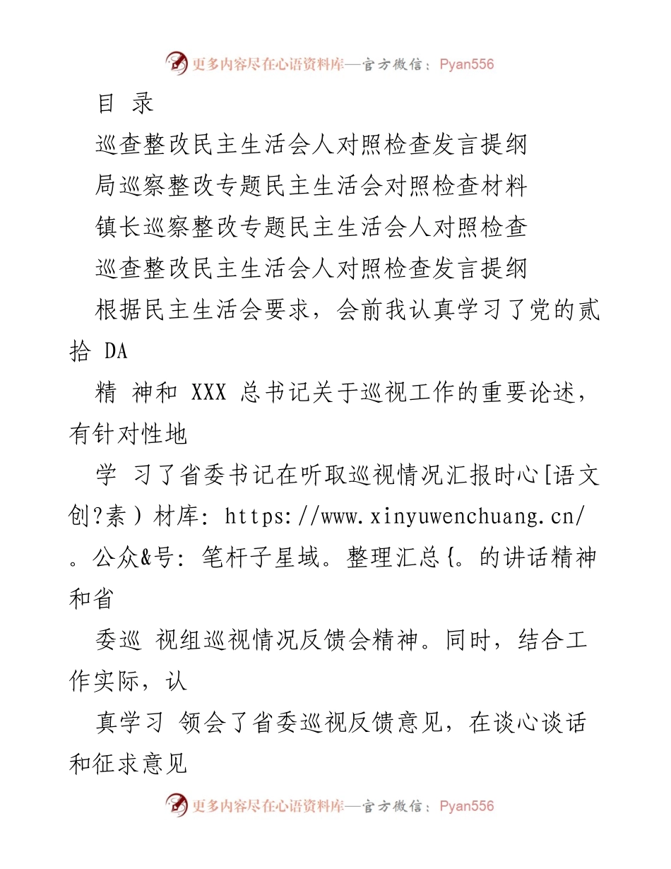 [发言] 巡查整改专题民主生活会对照检查发言提纲.docx_第1页