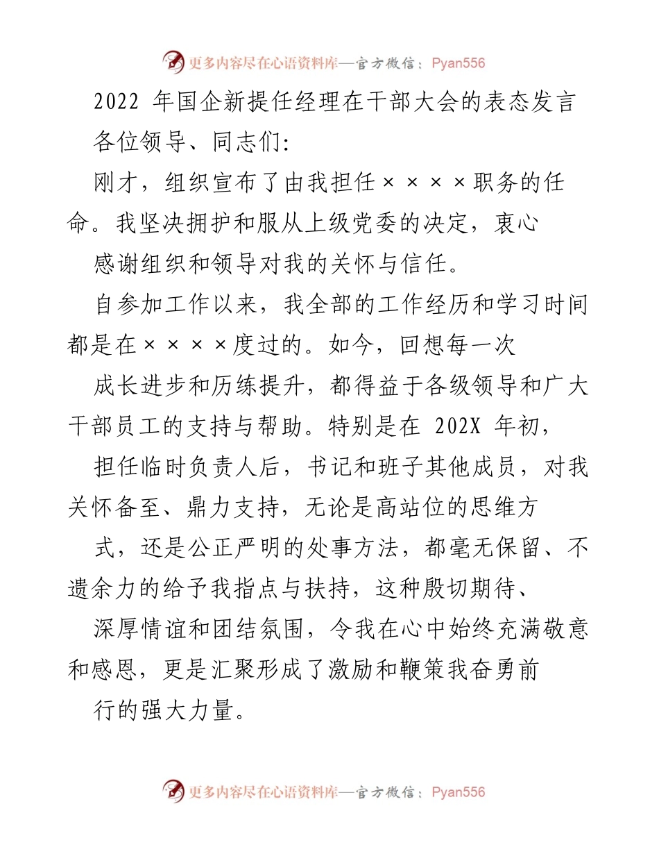[发言] 干部大会 - 国企新任经理表态发言：坚定责任与创新发展.docx_第1页
