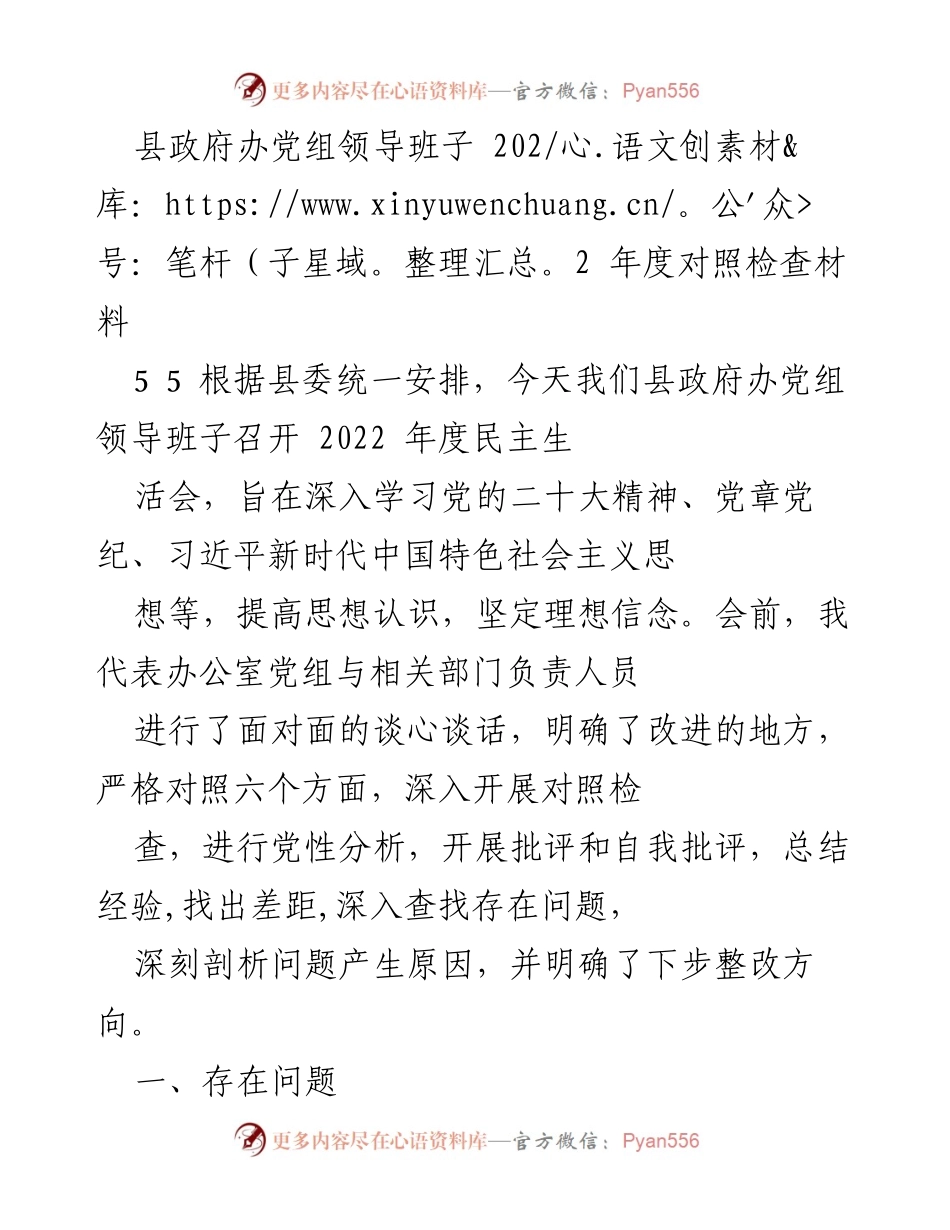 [发言] 年度民主生活会 - 县政府办党组2022年度对照检查与整改方向分析.docx_第1页