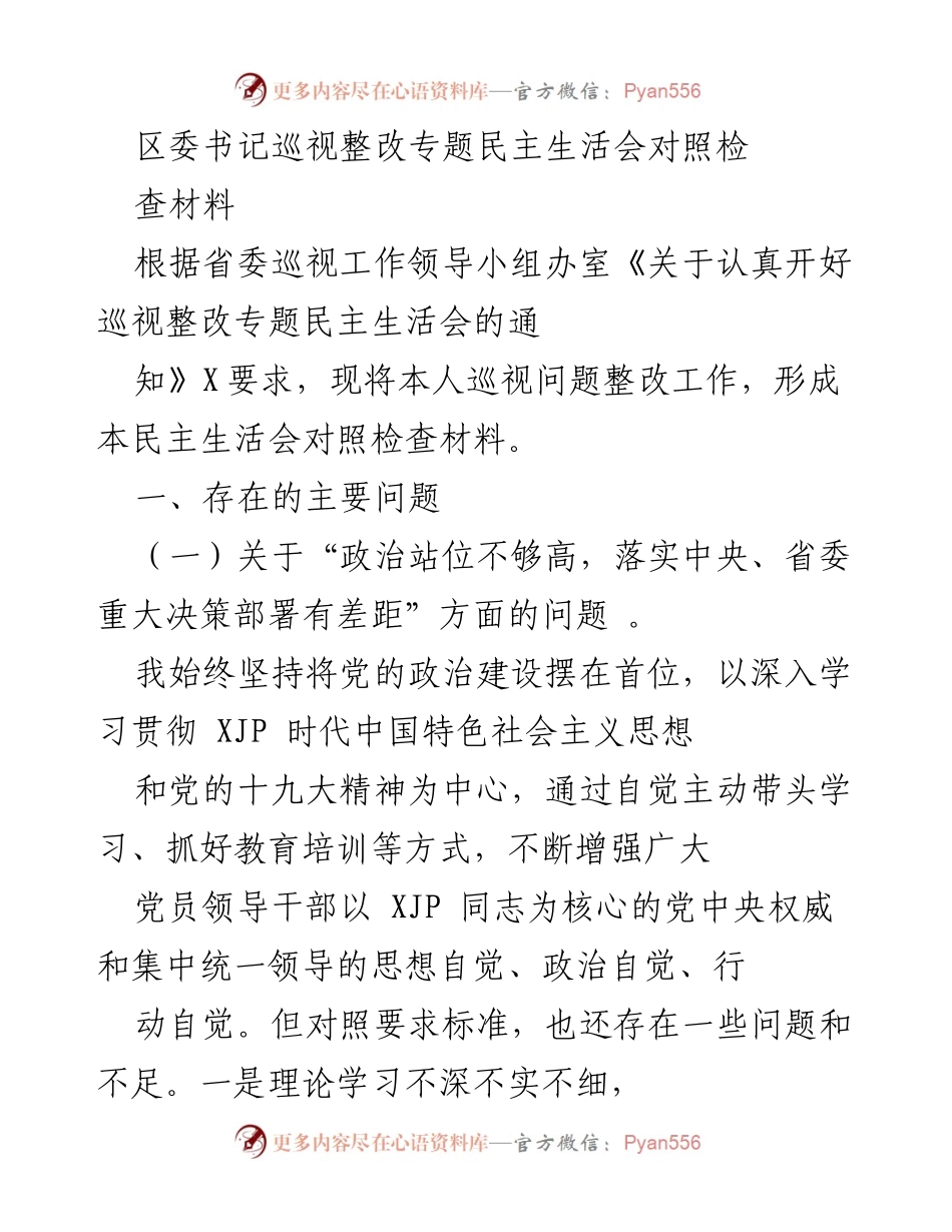 [发言] 巡视整改专题民主生活会 - 区委书记巡视整改工作对照检查发言材料.docx_第1页