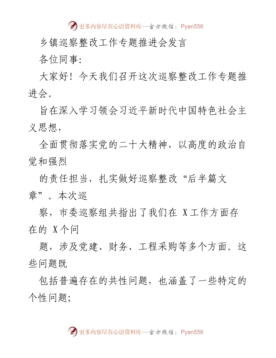 [发言] 巡察整改工作专题推进会 - 加强巡察整改，推动乡镇高质量发展.docx_第1页