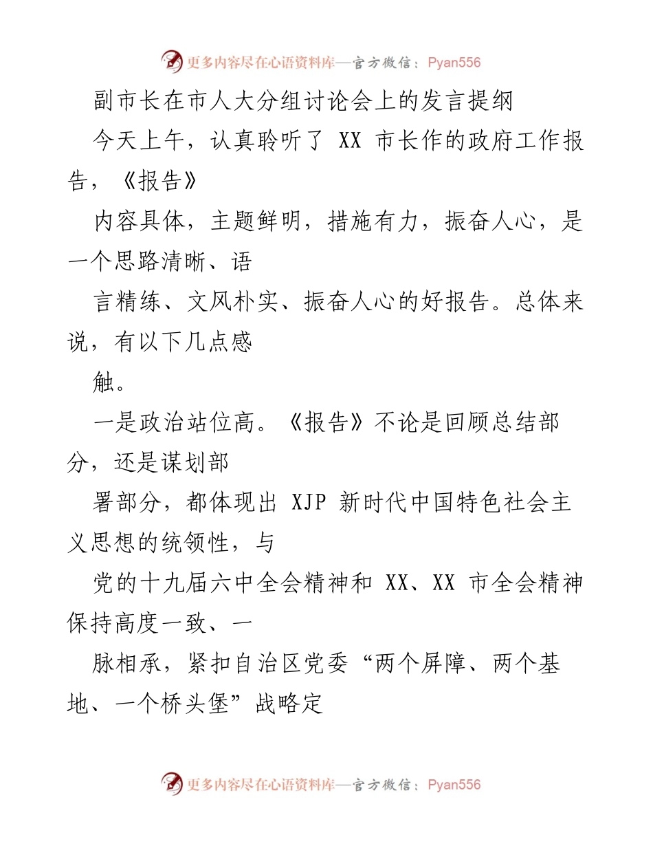 [发言] 市人大分组讨论会 - 副市长对政府工作报告的深刻解读与落实思路.docx_第1页