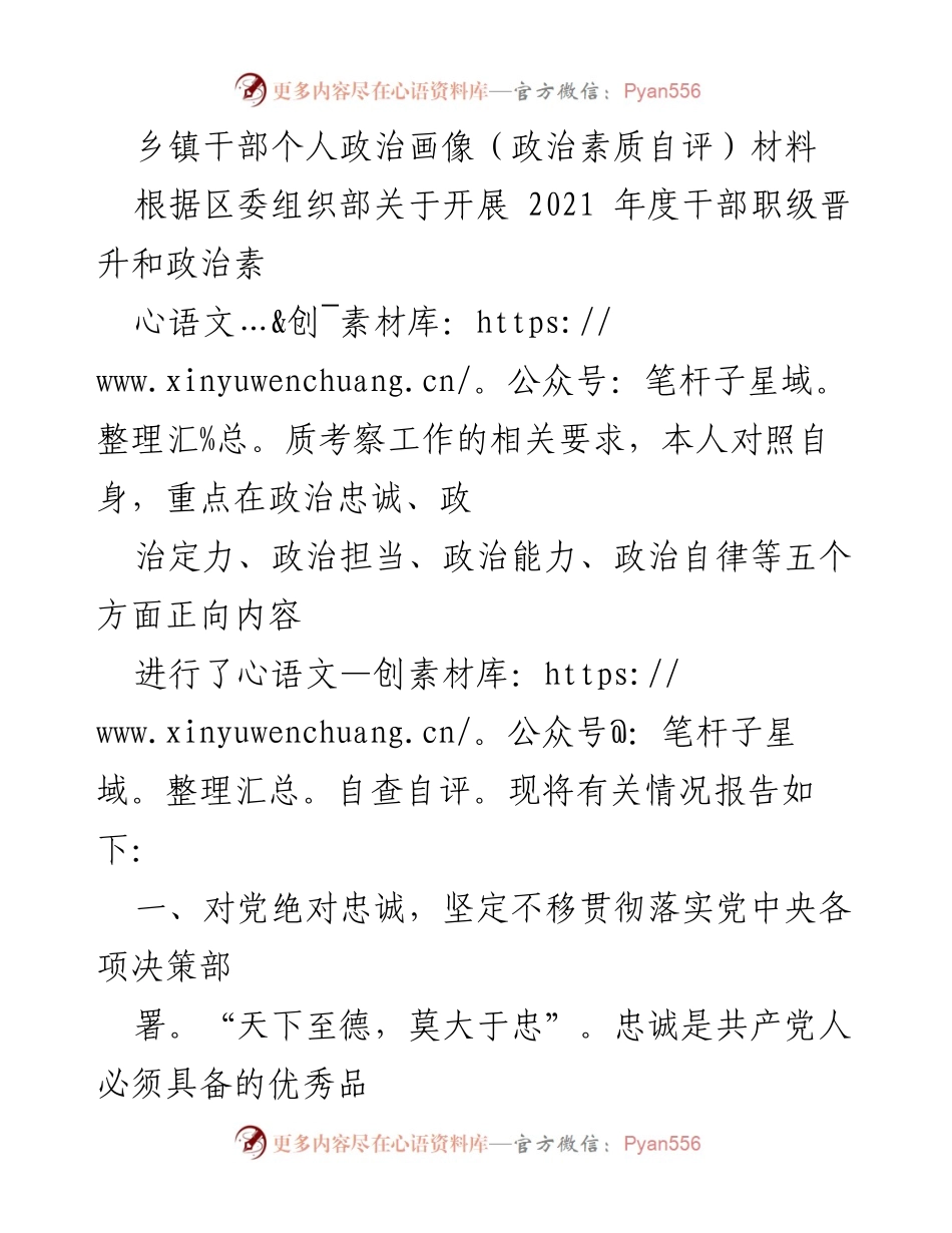 [发言] 干部政治素质考察 - 乡镇干部个人政治画像自评材料.docx_第1页