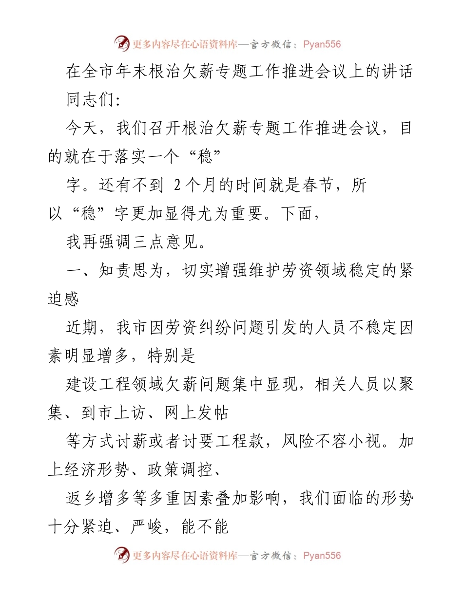 [发言] 年末根治欠薪专题工作推进会议 - 确保春节前农民工工资支付稳定社会环境.docx_第1页