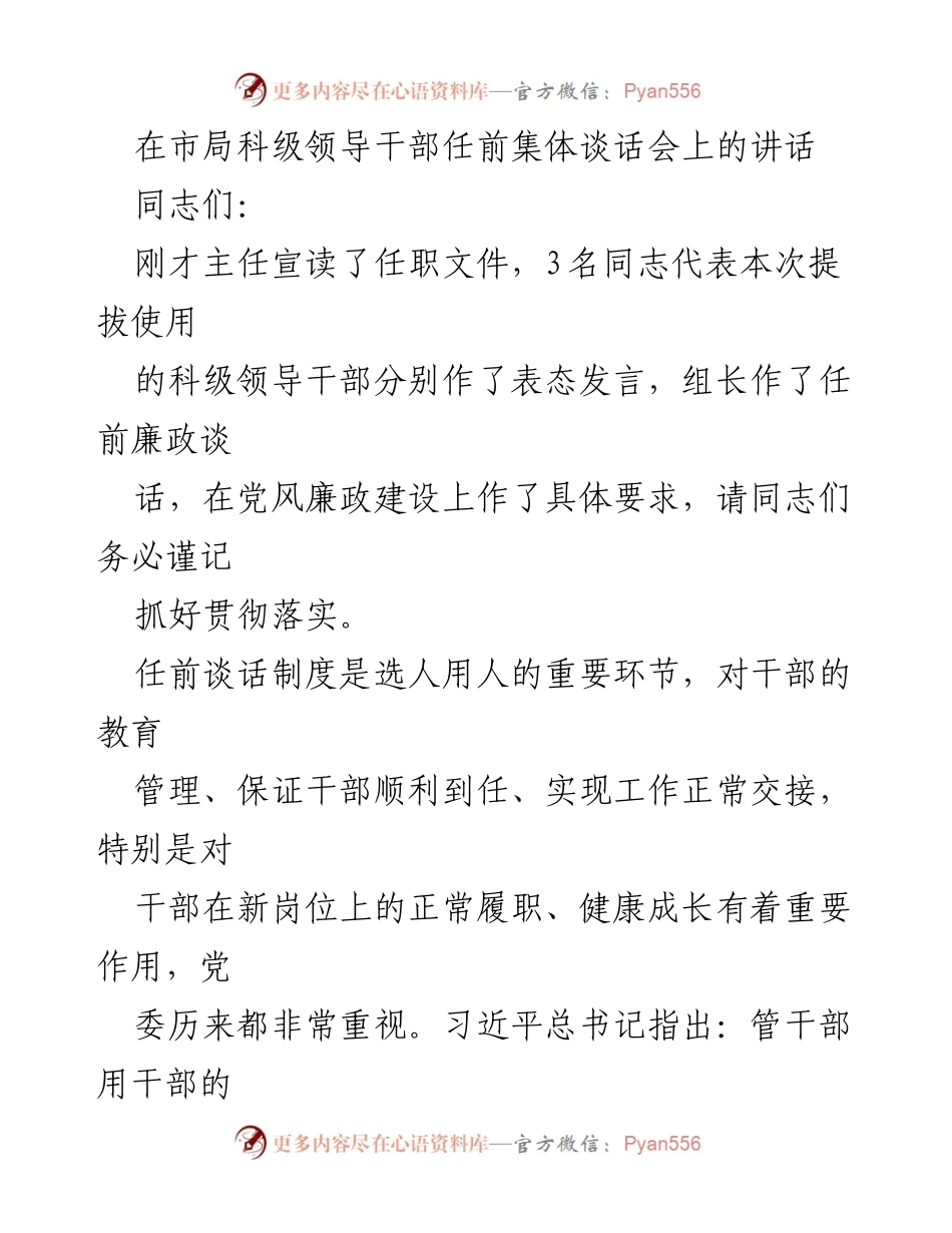 [发言] 市局科级领导干部任前集体谈话会 - 任前谈话的重要性与领导干部的责任担当.docx_第1页