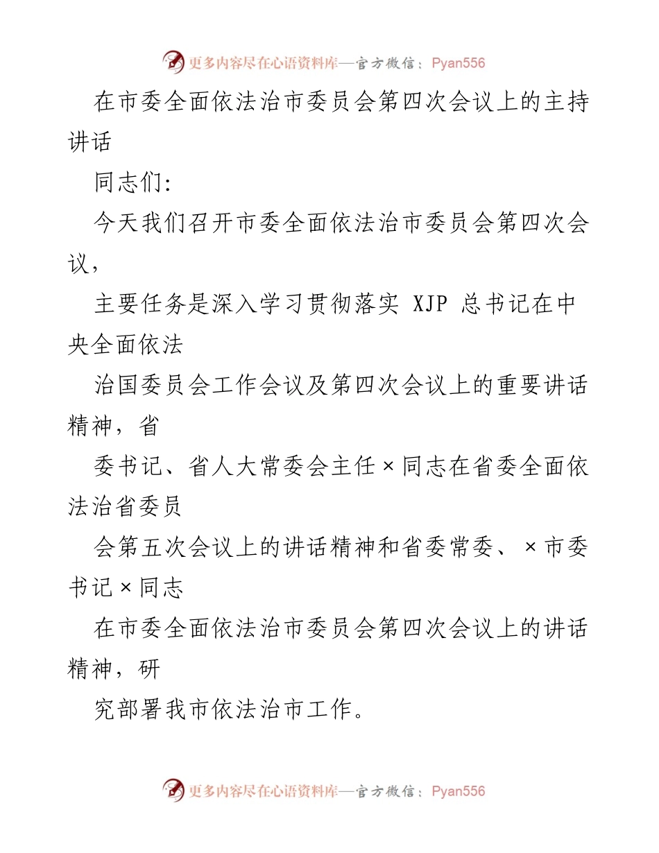 [发言] 市委全面依法治市委员会第四次会议 - 深入学习贯彻全面依法治市工作精神.docx_第1页
