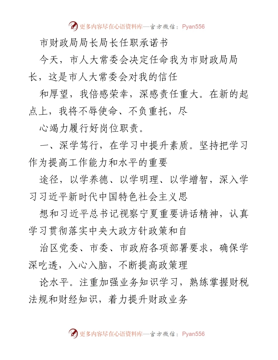 [发言] 市财政局局长任职 - 市财政局局长任职承诺书及工作规划.docx_第1页