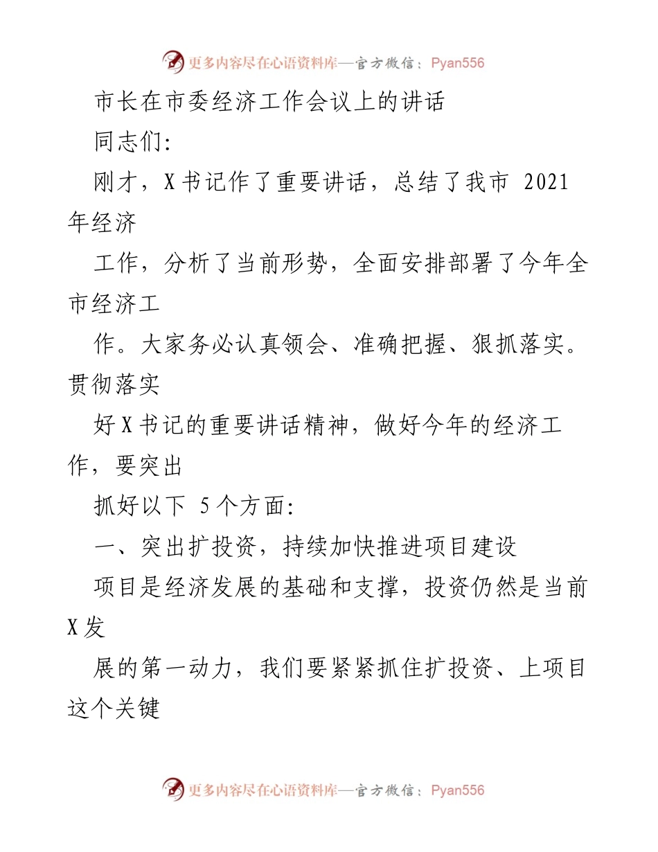 [发言] 市委经济工作会议 - 市长讲话强调扩投资与项目建设的重要性.docx_第1页
