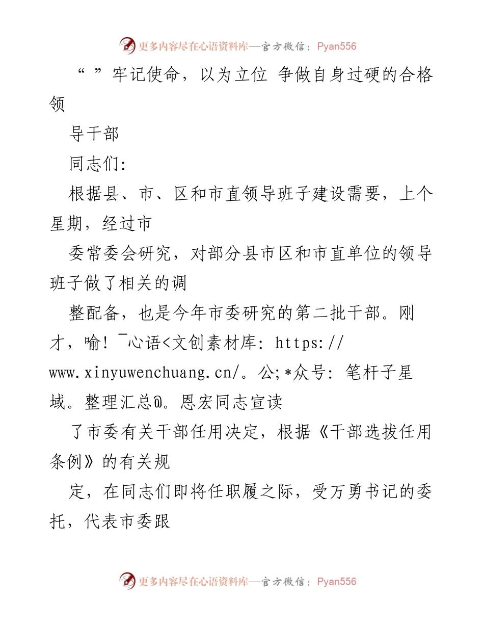 [发言] 干部任职集体谈话 - 提升站位，争做合格领导干部的期望与要求.docx_第1页