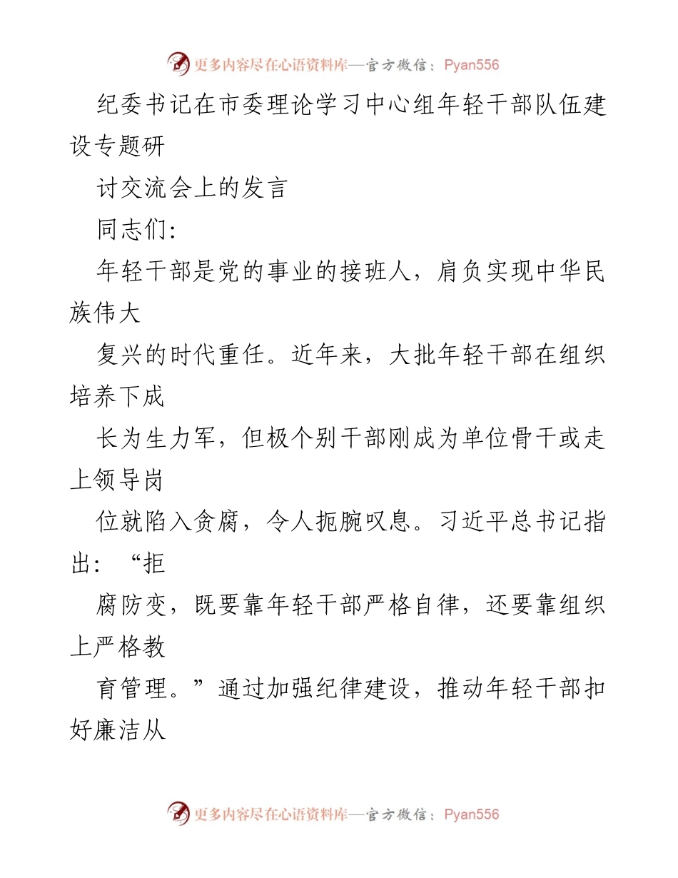 [发言] 市委理论学习中心组 - 加强年轻干部队伍建设与廉洁自律的发言.docx_第1页