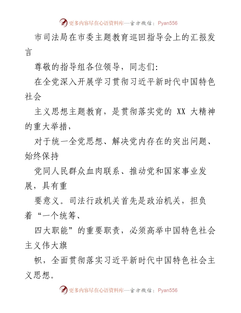 [发言] 市委主题教育巡回指导会 - 市司法局主题教育工作汇报.docx_第1页