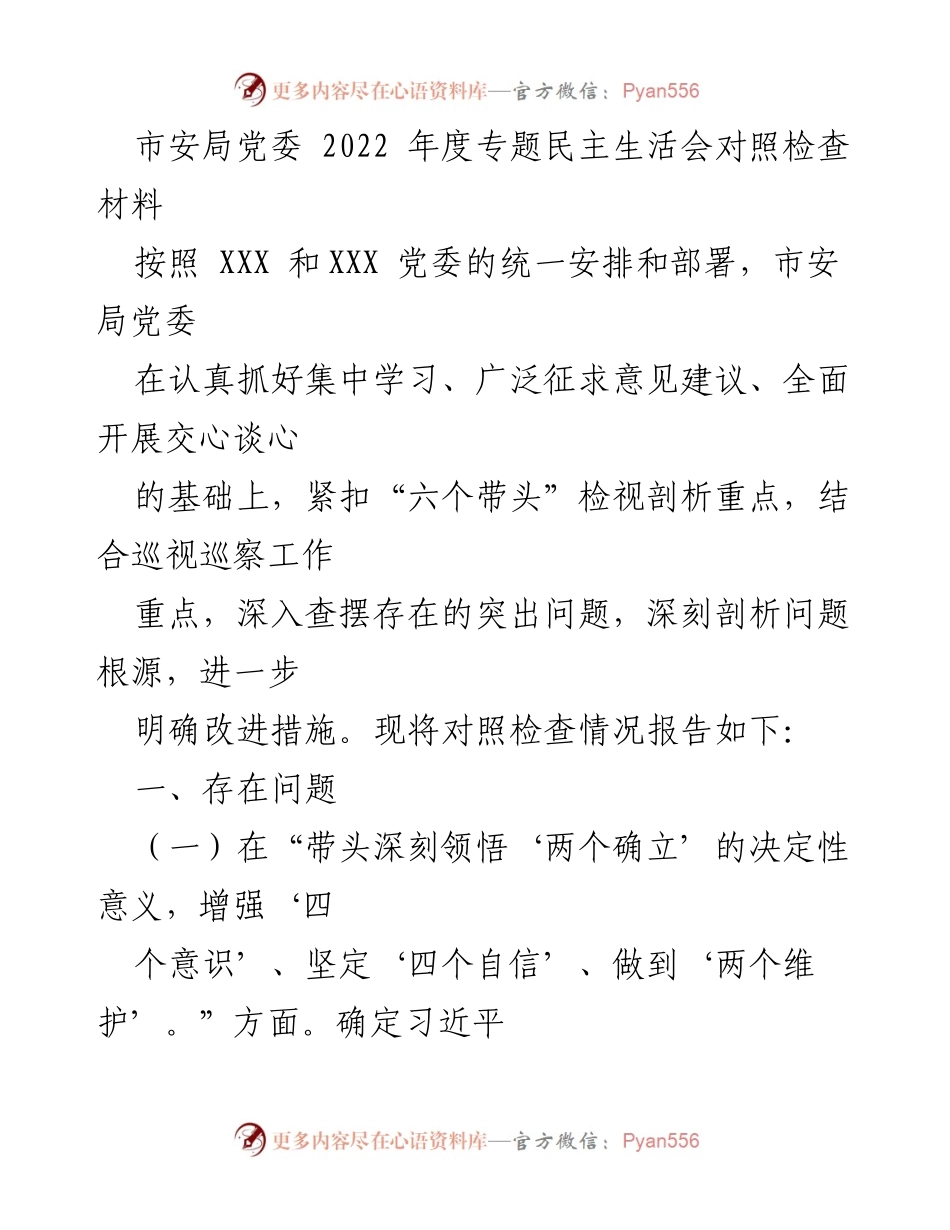 [发言] 市安局党委 2022 年度专题民主生活会 - 2022年度专题民主生活会对照检查报告.docx_第1页