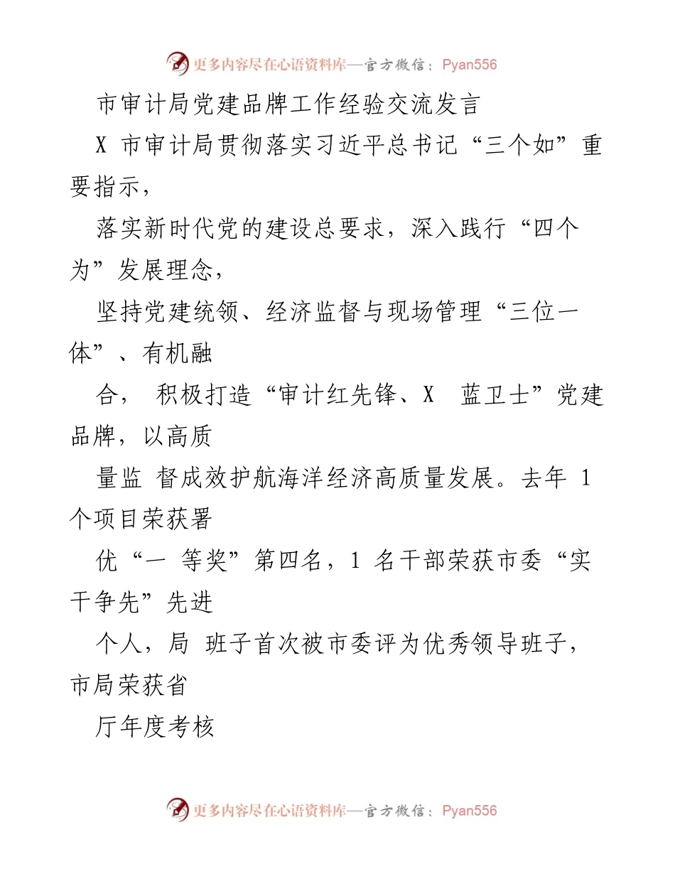 [发言] 市审计局党建品牌工作经验交流 - “审计红先锋、X 蓝卫士”党建品牌建设经验分享.docx_第1页