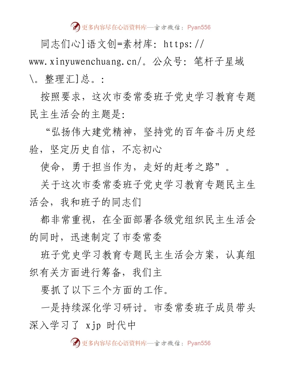 [发言] 市委常委班子党史学习教育专题民主生活会 - 深化学习与自我检视：市委常委班子民主生活会总结.docx_第1页