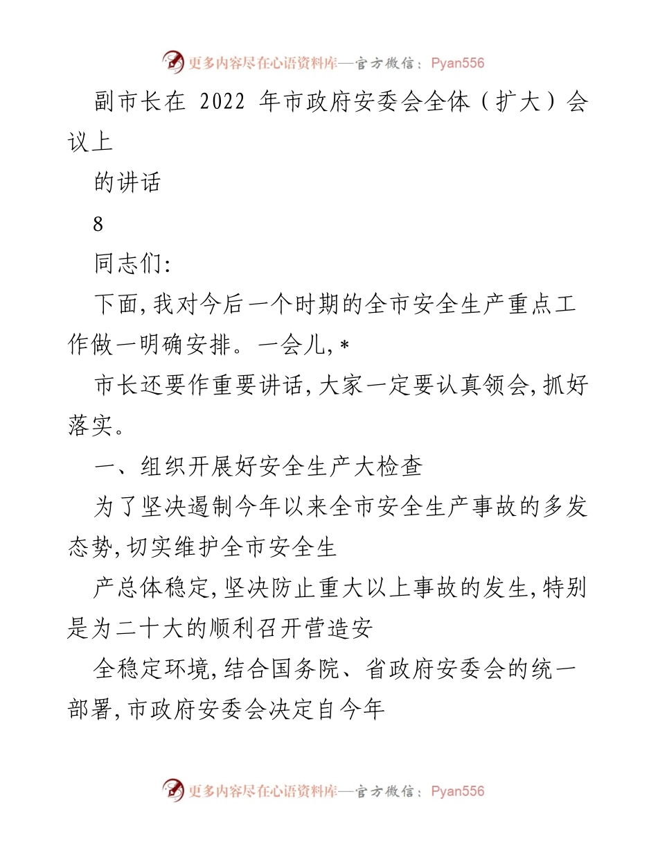 [发言] 市政府安委会全体（扩大）会议 - 副市长关于全市安全生产工作的讲话.docx_第1页