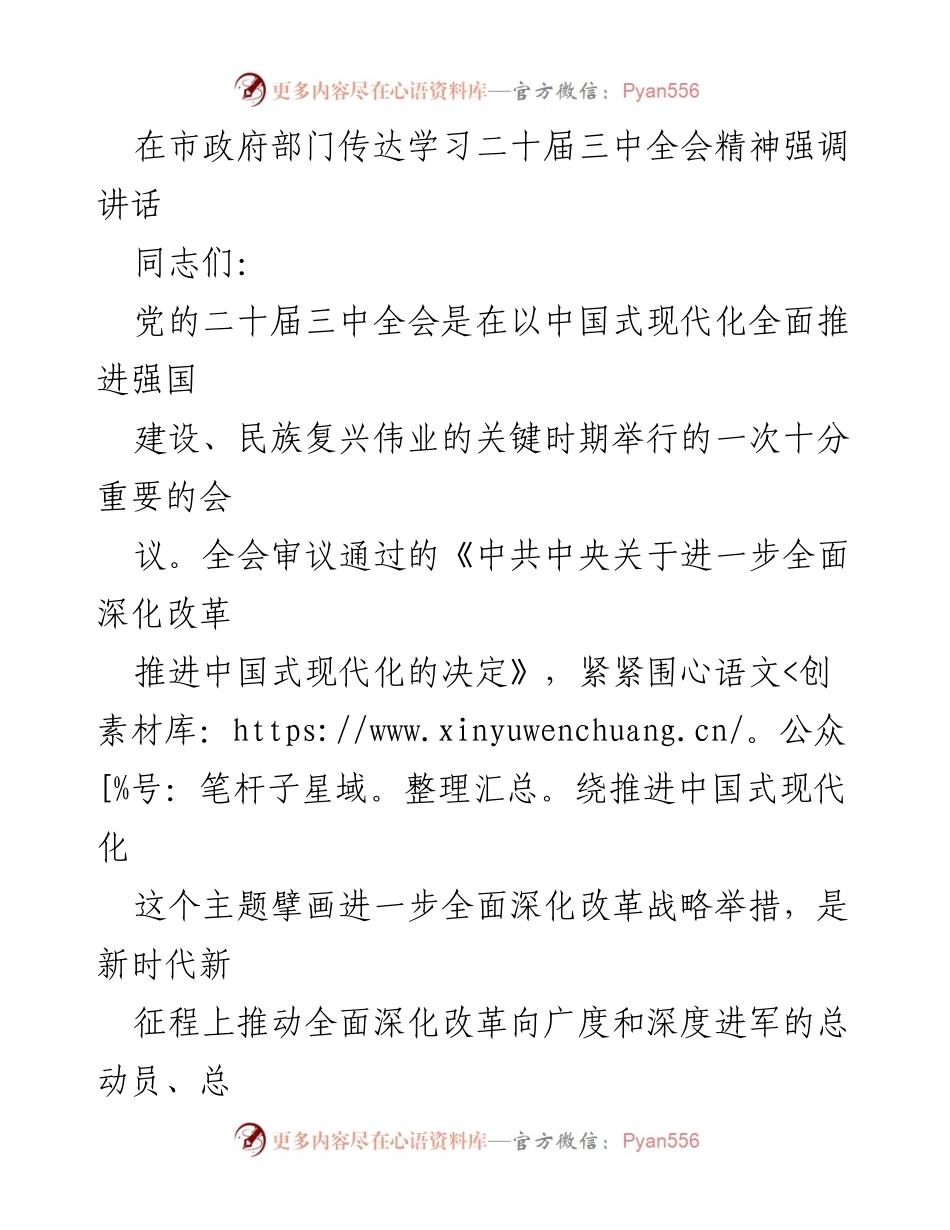 [发言] 市政府部门 - 深入学习贯彻党的二十届三中全会精神.docx_第1页
