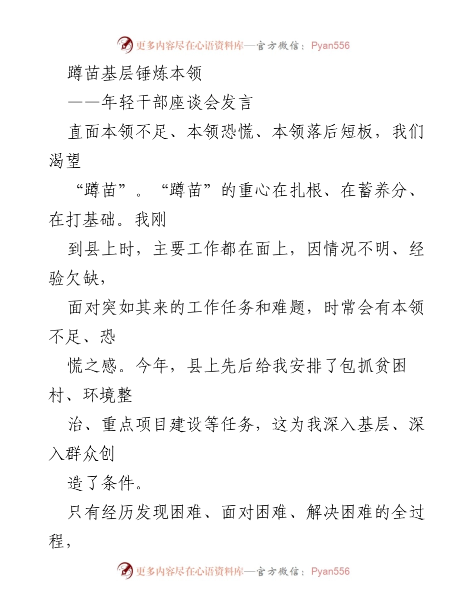 [发言] 年轻干部座谈会 - 蹲苗提苗：年轻干部成长的路径与建议.docx_第1页