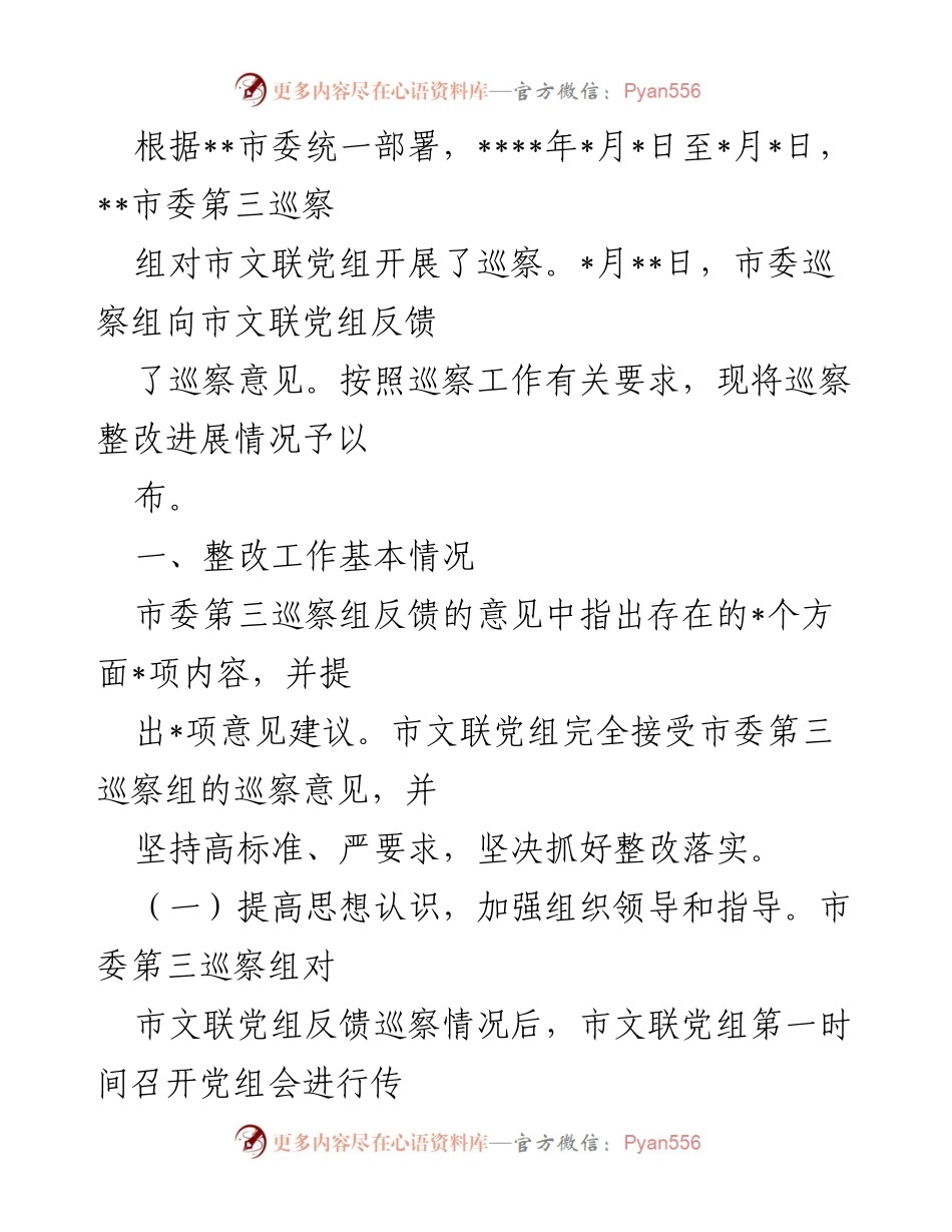 [发言] 巡察整改工作会议 - 市文联党组巡察整改进展情况汇报.docx_第1页