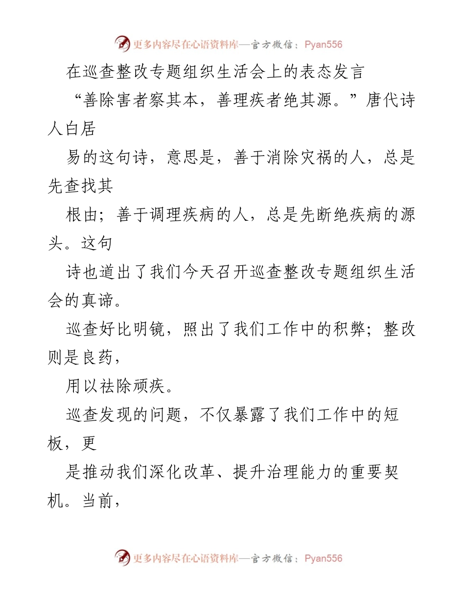[发言] 巡查整改专题组织生活会 - 坚决推进巡查整改，提升工作质量.docx_第1页