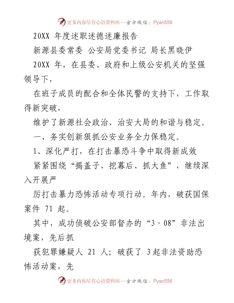 [发言] 年度述职 - 20XX年度公安局述职述德述廉报告.docx_第1页