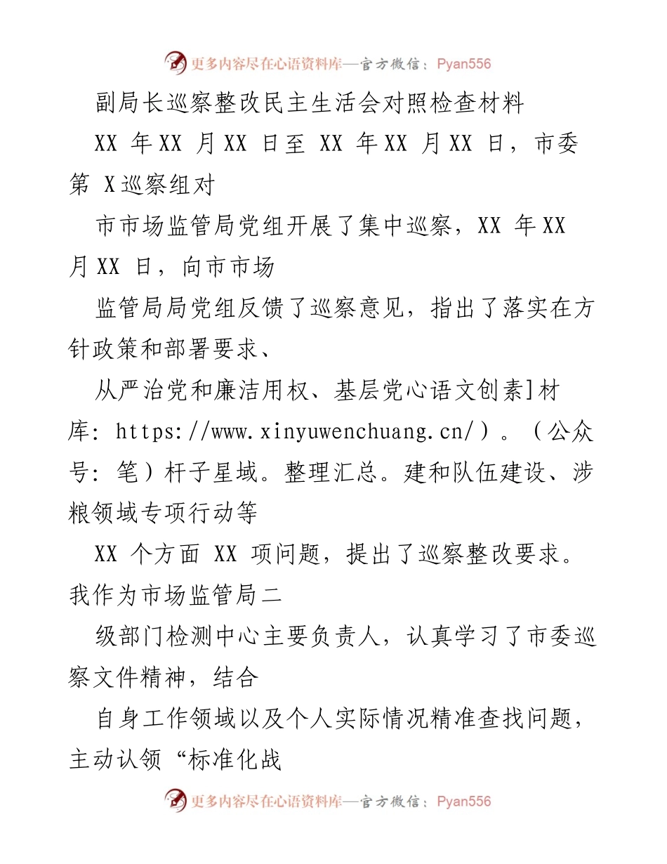 [发言] 巡察整改民主生活会 - 副局长巡察整改问题对照检查与整改措施分析.docx_第1页