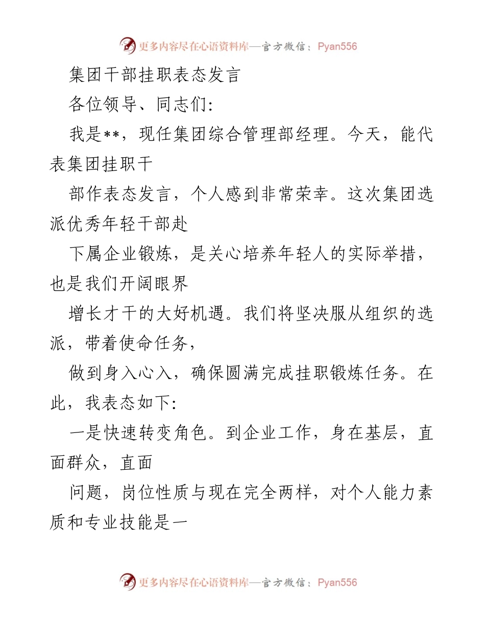 [发言] 干部挂职仪式 - 年轻干部挂职锻炼表态发言.docx_第1页