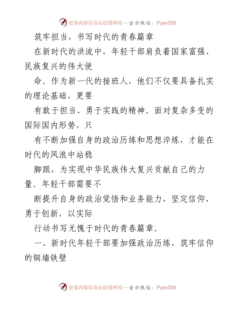 [发言] 年轻干部培训会议 - 筑牢担当，书写时代的青春篇章.docx_第1页