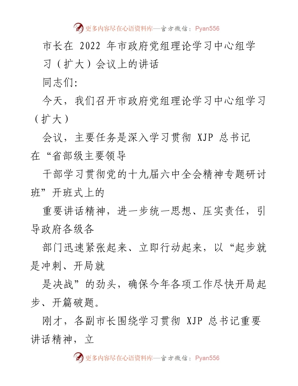 [发言] 市政府党组理论学习中心组学习（扩大）会议 - 深入学习贯彻总书记讲话精神，推动今年工作落实.docx_第1页
