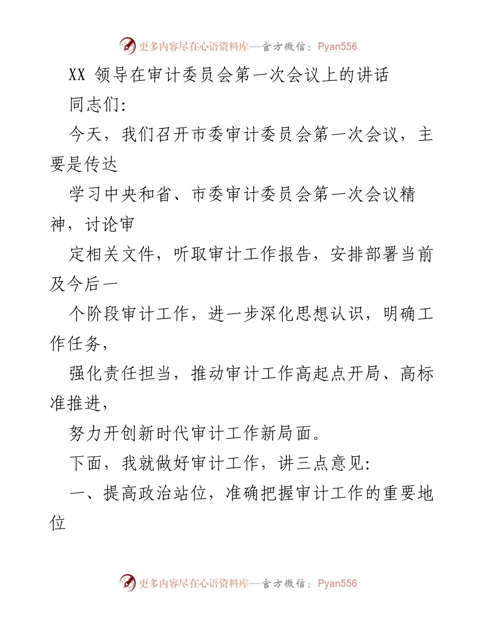 [发言] 市委审计委员会第一次会议 - 深化审计工作认识，推动新时代审计高标准推进.docx_第1页