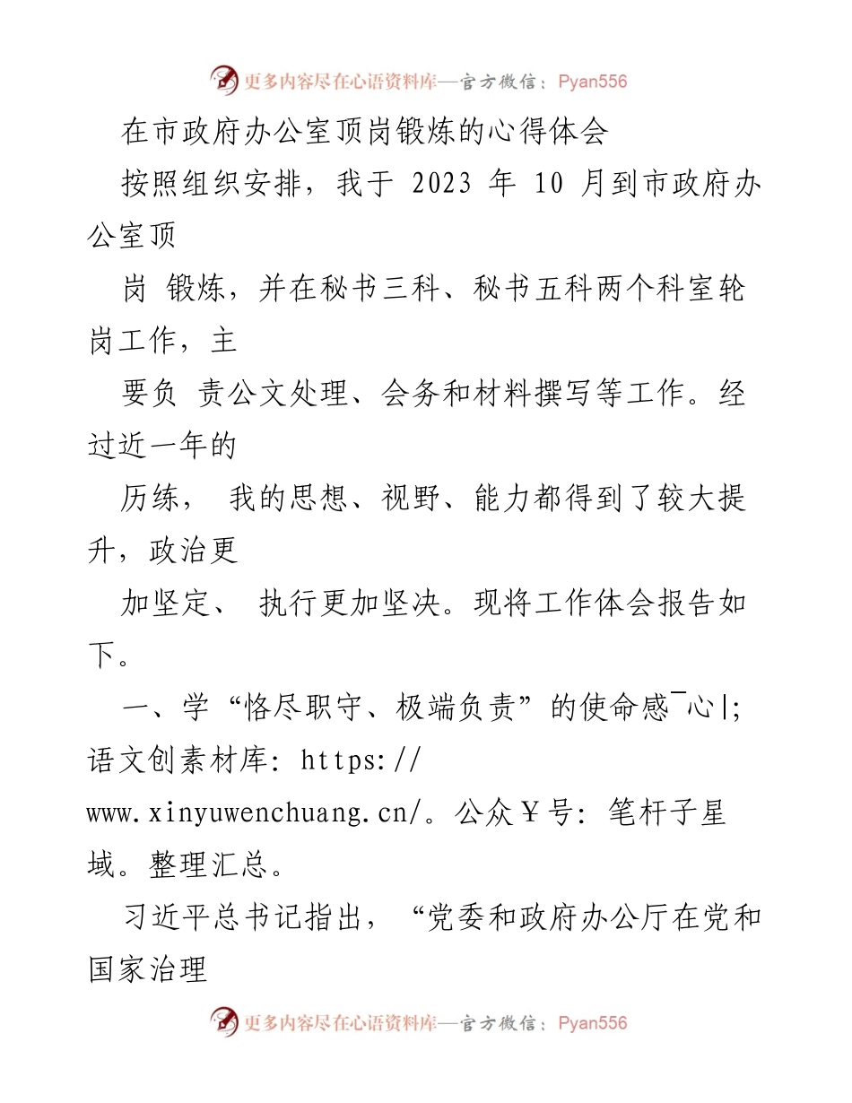 [发言] 市政府办公室顶岗锻炼总结 - 在市政府办公室的成长与体会.docx_第1页