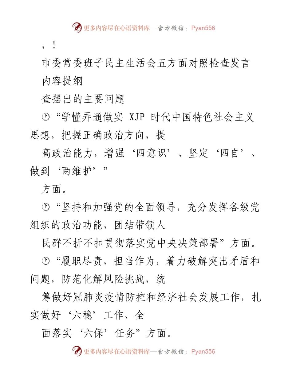 [发言] 市委常委班子民主生活会对照检查发言总结.docx_第1页