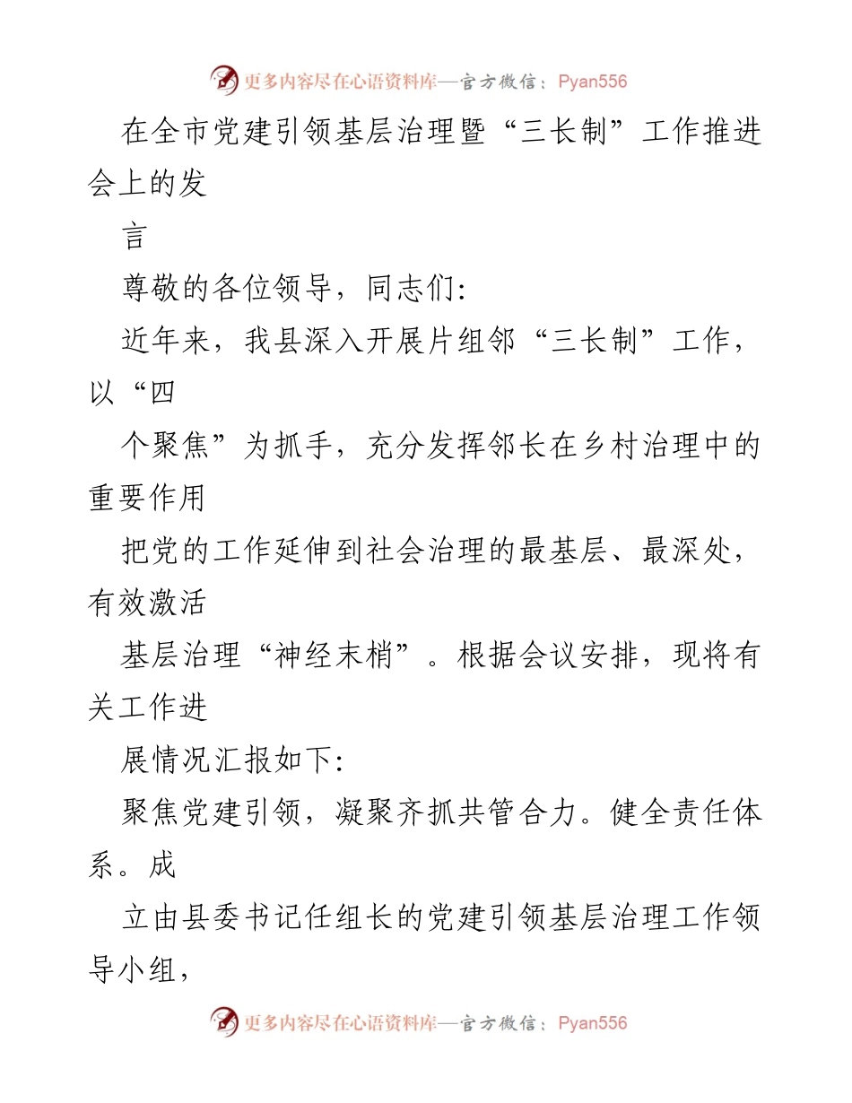 [发言] 工作推进会 - 党建引领基层治理与“三长制”工作进展汇报.docx_第1页
