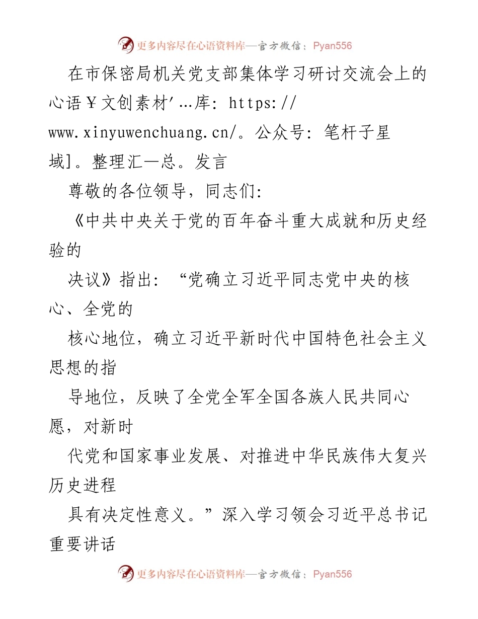 [发言] 市保密局机关党支部集体学习研讨交流会 - 深入学习习近平新时代中国特色社会主义思想，坚定维护“两个确立”.docx_第1页