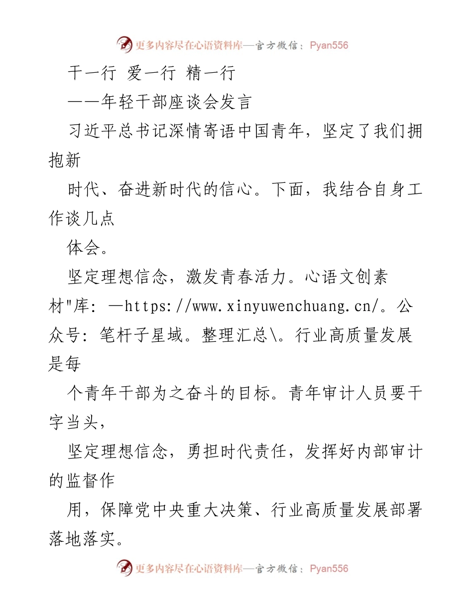 [发言] 年轻干部座谈会 - 干一行 爱一行 精一行：年轻干部的奋斗与理想.docx_第1页