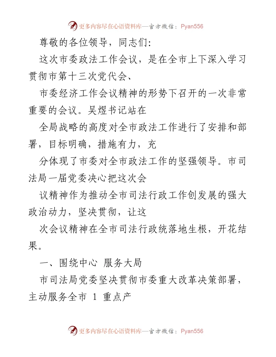 [发言] 市委政法工作会议精神贯彻落实及司法行政工作发展计划.docx_第1页