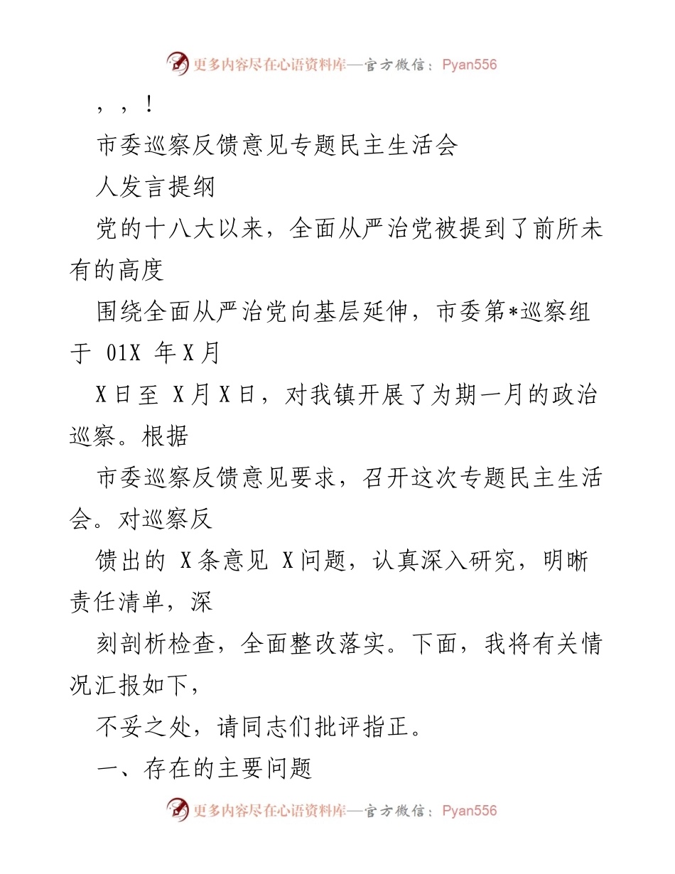[发言] 市委巡察反馈意见专题民主生活会发言提纲.docx_第1页