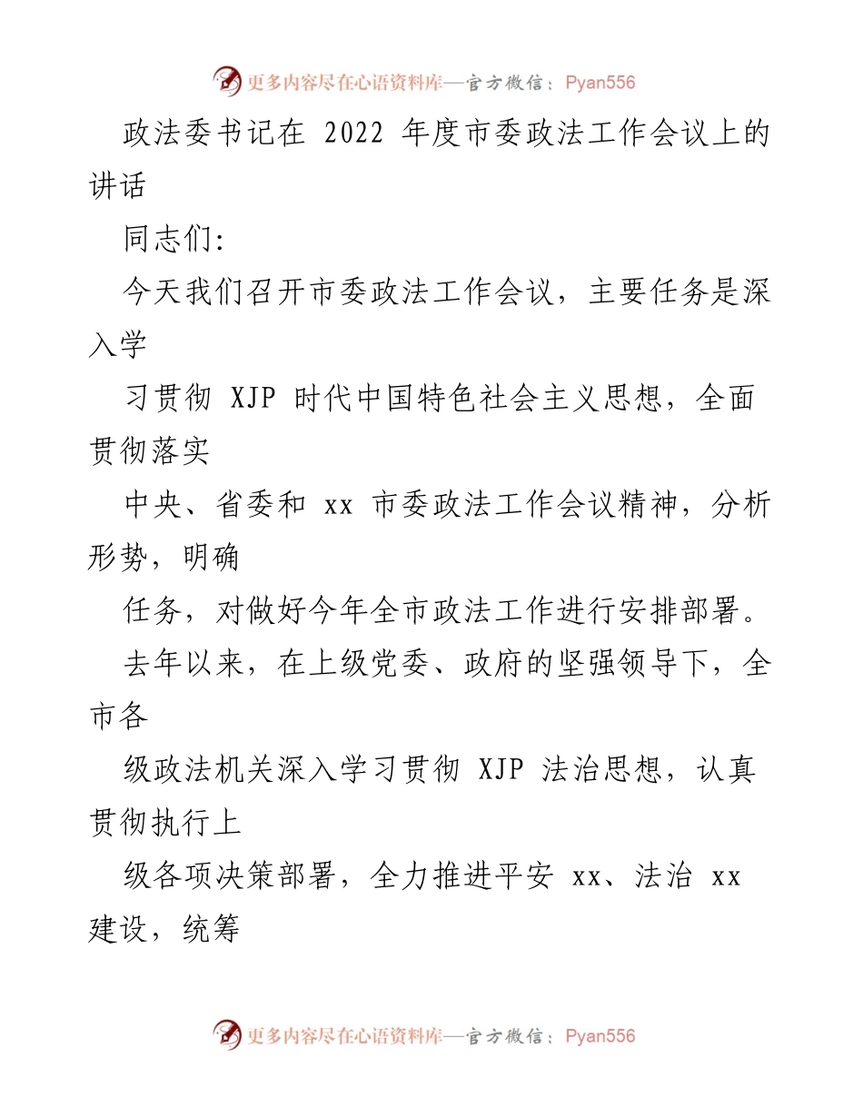 [发言] 市委政法工作会议 - 深入学习贯彻法治思想，推进全市政法工作新发展.docx_第1页