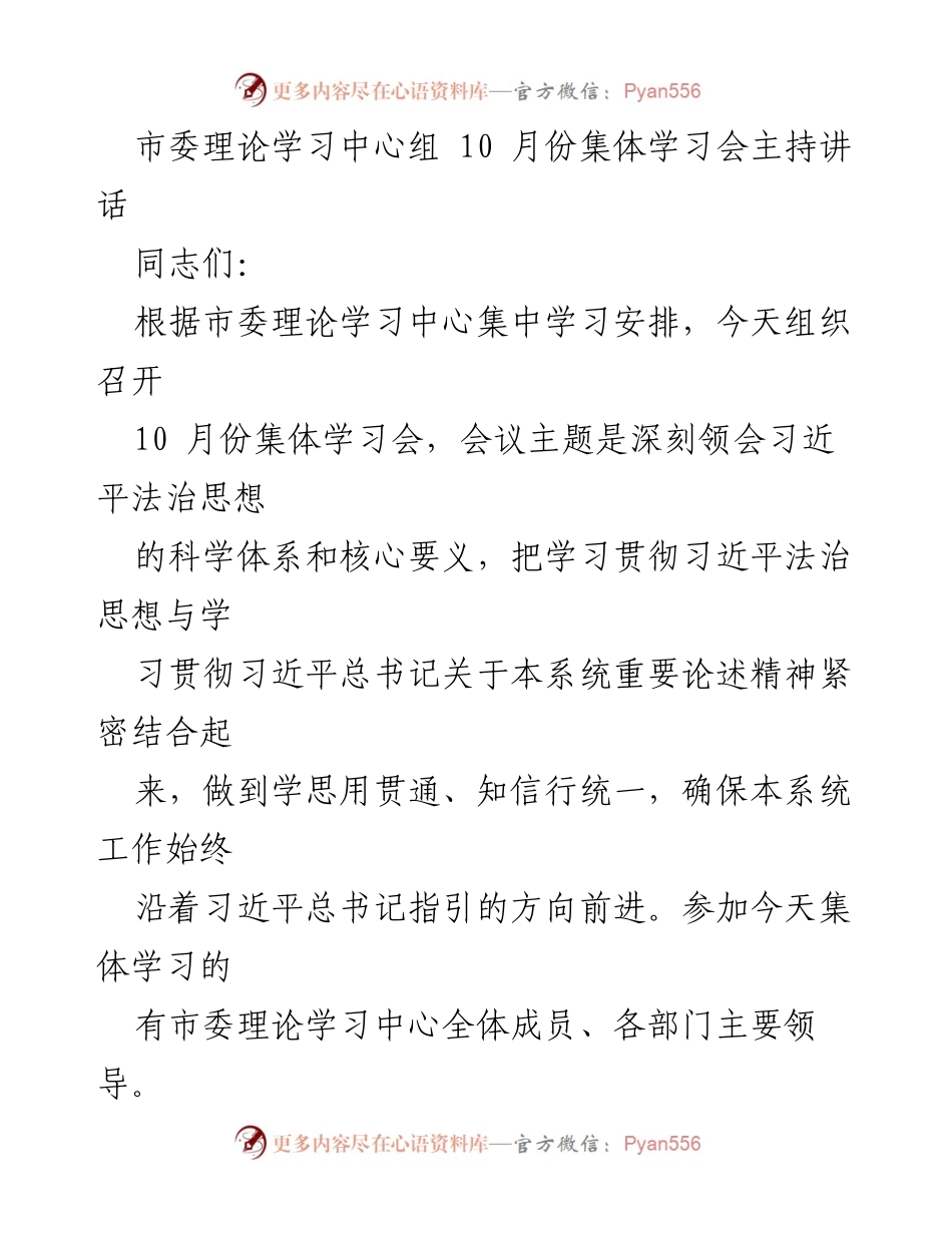 [发言] 市委理论学习中心组集体学习会 - 深刻领会习近平法治思想的核心要义.docx_第1页