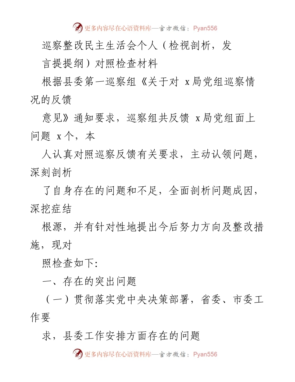 [发言] 巡察整改民主生活会 - 巡察反馈问题的自我检视与整改措施.docx_第1页