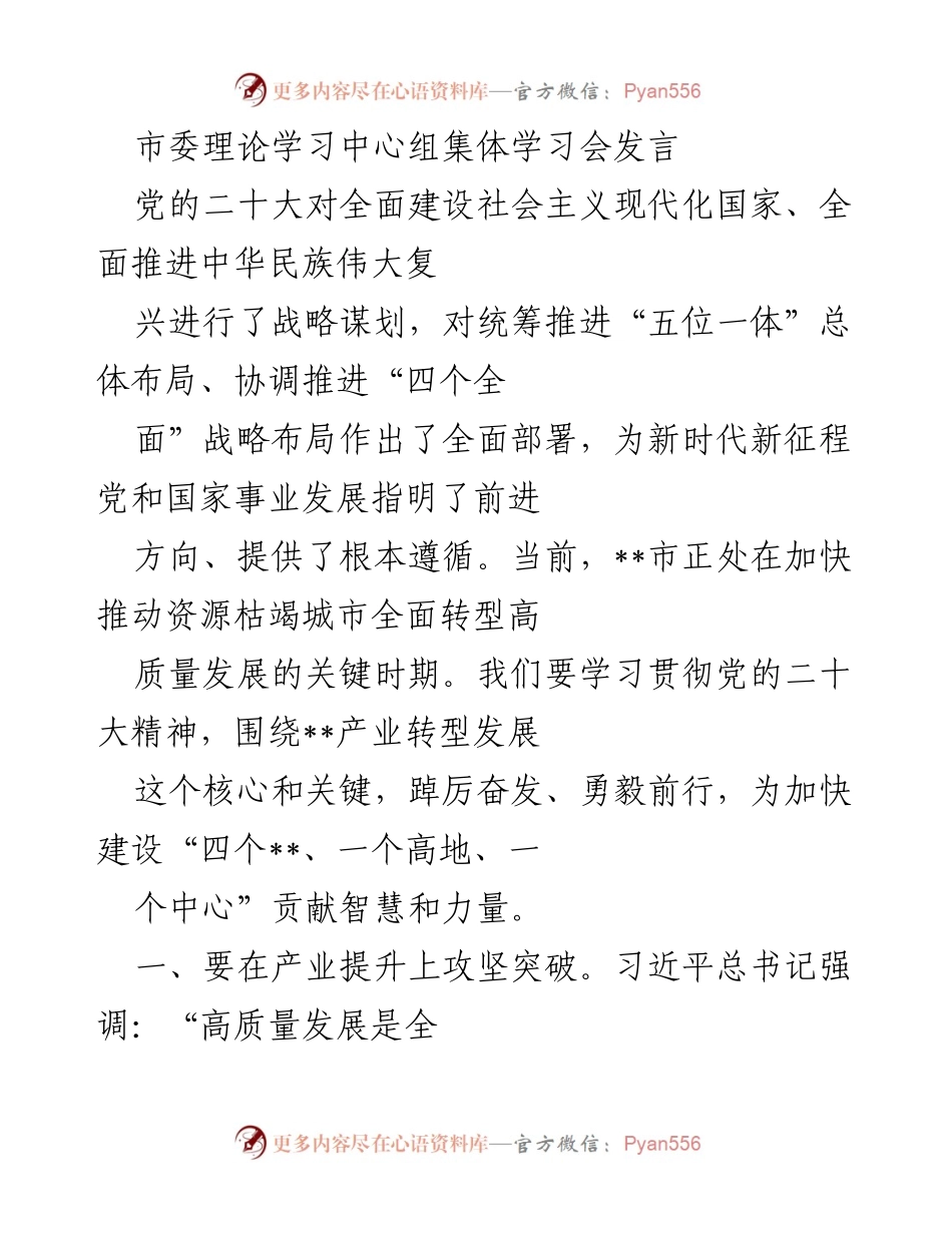 [发言] 市委理论学习中心组集体学习会 - 深入贯彻党的二十大精神，推动高质量产业转型发展.docx_第1页