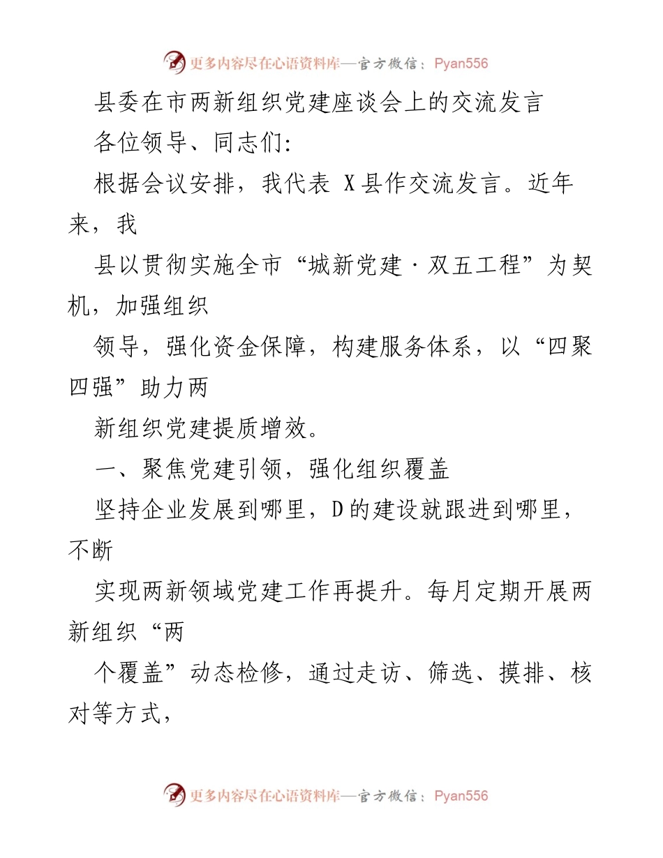 [发言] 市两新组织党建座谈会 - 加强两新组织党建工作，提升组织覆盖与服务体系.docx_第1页
