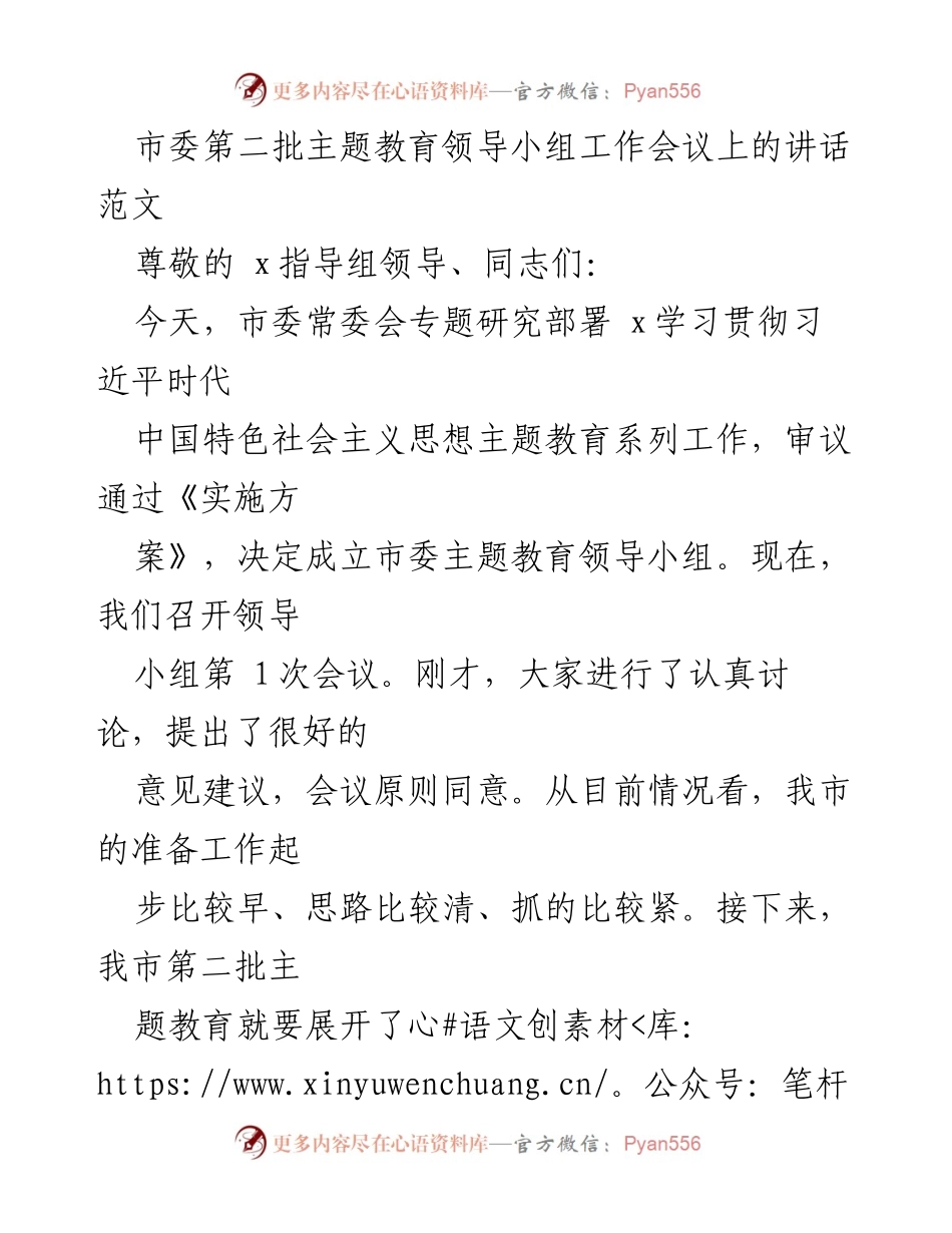 [发言] 市委第二批主题教育领导小组工作会议 - 加强主题教育，推动思想引领与实践落实.docx_第1页