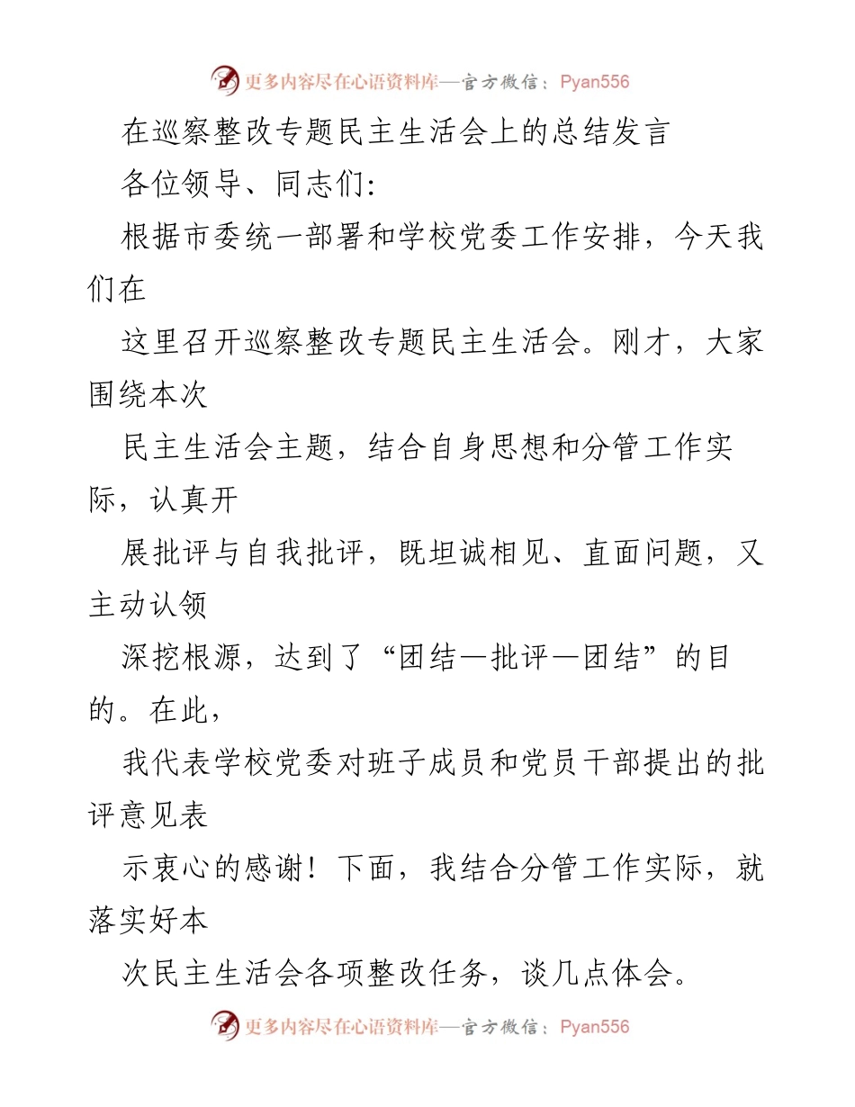 [发言] 巡察整改专题民主生活会 - 深化思想认识，落实整改任务.docx_第1页