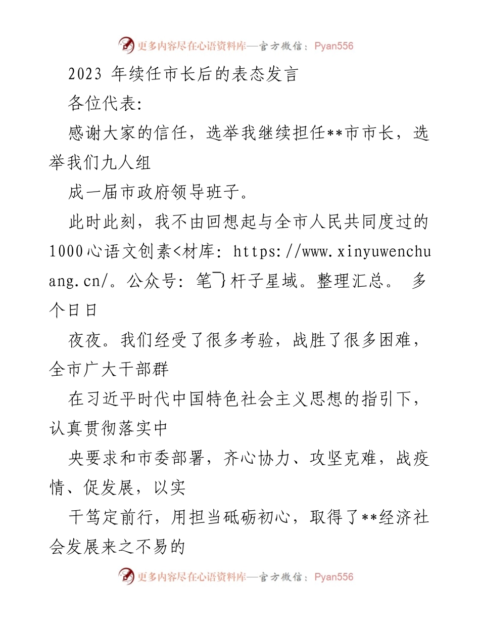 [发言] 市长续任表态 - 续任市长后的决心与愿景.docx_第1页
