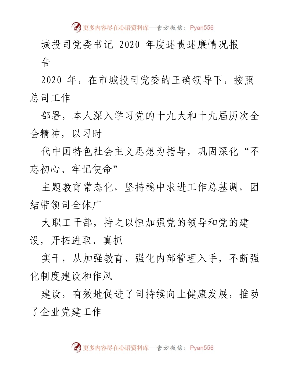 [发言] 年度述责述廉 - 2020年度城投司党委书记述责述廉情况报告.docx_第1页