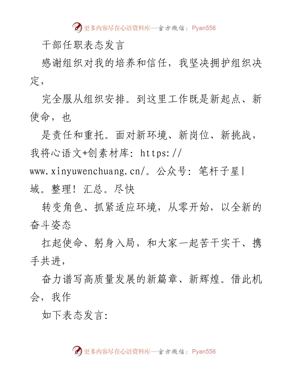 [发言] 干部任职 - 新任干部表态发言：坚定信念，勇担使命，共创辉煌.docx_第1页