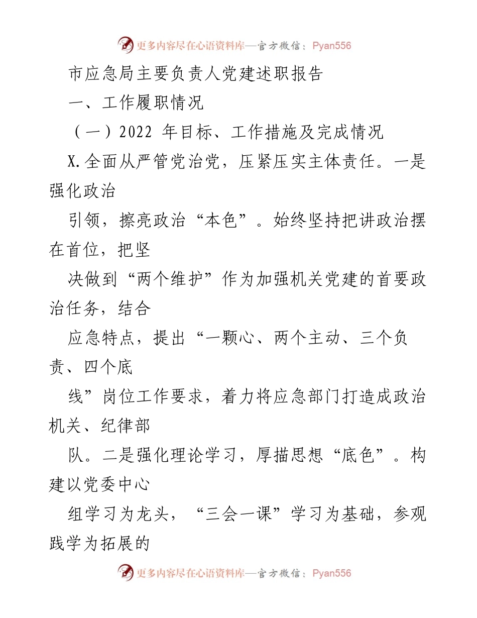[发言] 市应急局党建工作会议 - 市应急局主要负责人党建述职报告.docx_第1页