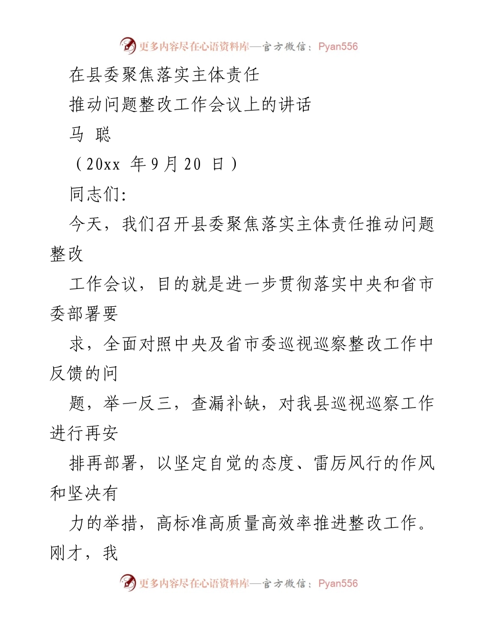 [发言] 工作会议 - 强化责任落实，推进巡视巡察整改工作.docx_第1页